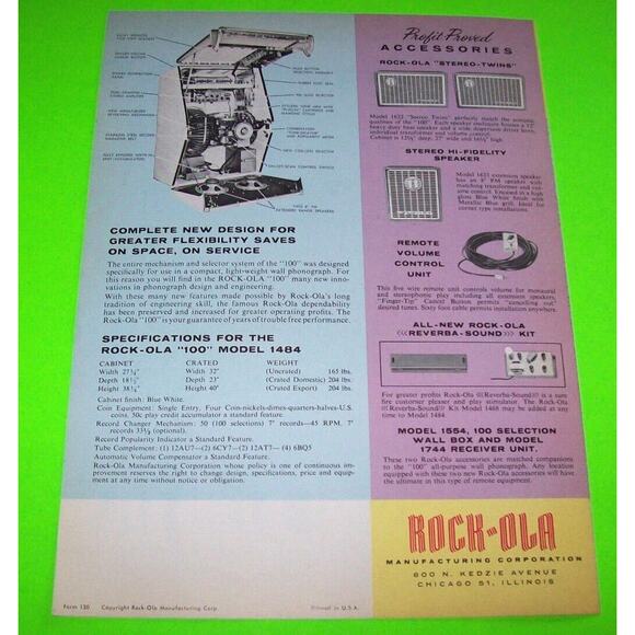 Rock-Ola Wall 1484 Jukebox FLYER Phonograph 100 Original 1960 Music Art Brochure - Picture 3 of 3